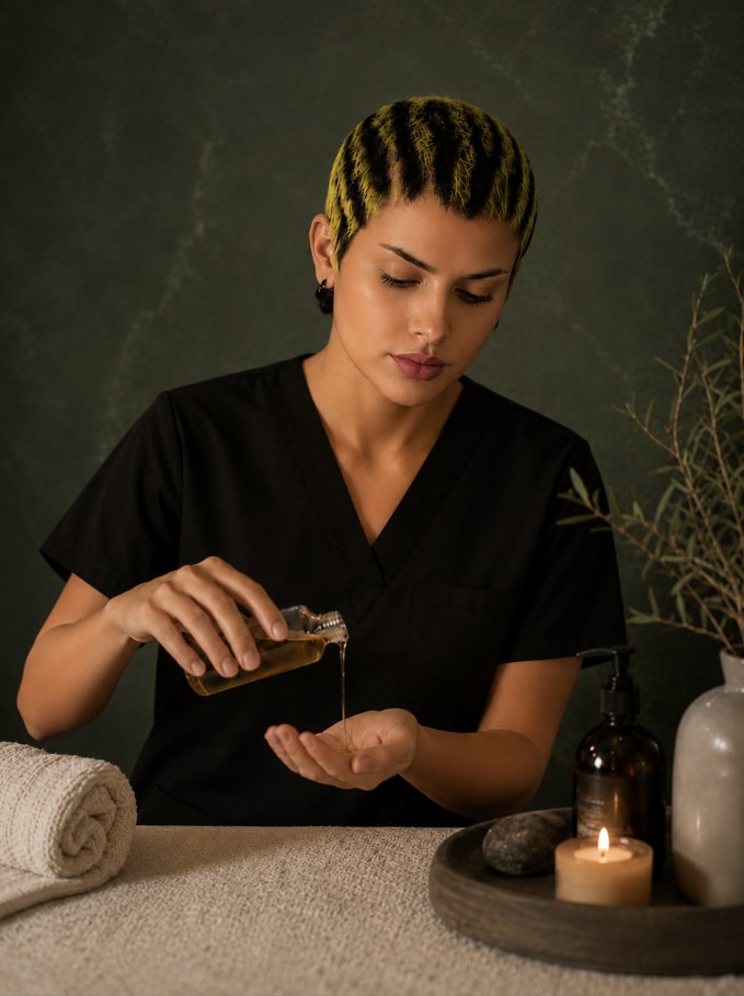 Massage therapist preparing oil