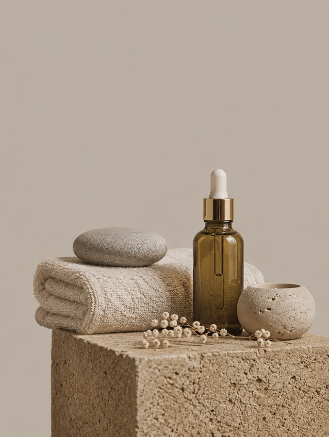 Massage oil, towels and spa objects