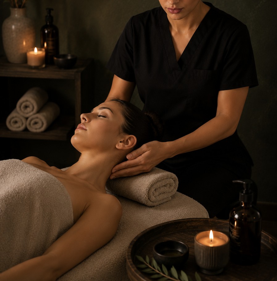 Massage therapist working on a client's neck